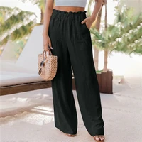 summer womens wide let pants 2022 solid loose full length midi waist pants new fashion casual ruffle patch pocket trousers s 3xl