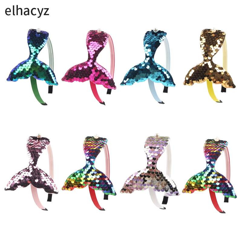 

10Pcs/Lot Pretty Pearls Sequin Mermaid Headband Kids Hair Accessories Girl Mermaid Tail Hairband Party Decoration Gift Head Hoop