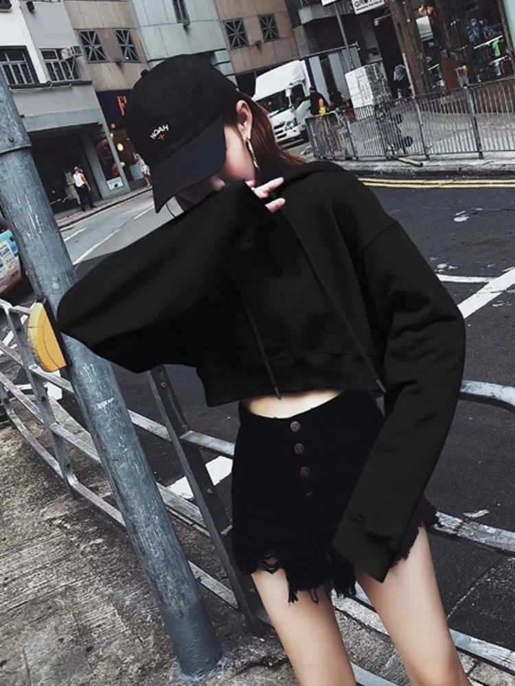 

A Top women's new hooded pullover loose solid color top long-sleeved slim slim short jacket all-match