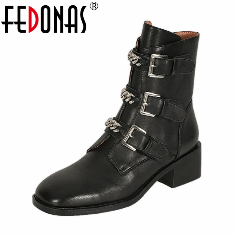 

Женские ботильоны в стиле панк FEDONAS, коричневые полусапожки из коровьей кожи, простые полусапожки в металлическом стиле для офиса и вечерин...