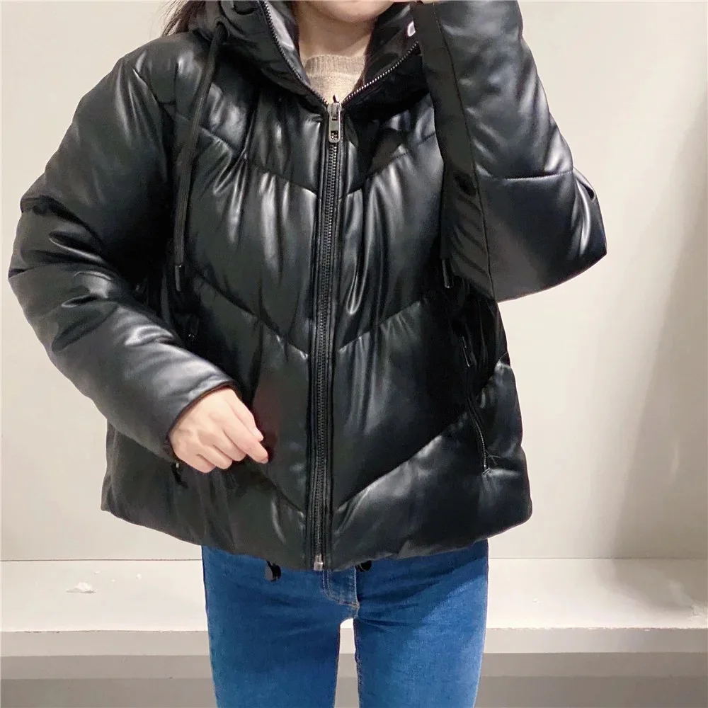 Black/Beige Oversized Warm Overcoat New Style Loose Hooded Coat Fashion Zipper Pocket PU Leather Winter Women Jacket Parkas