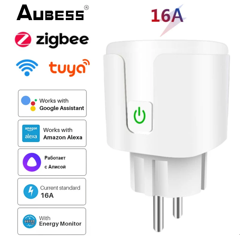 

Aubess Zigbee / Wifi Smart Plug 16A EU Scoket Tuya Smart Life Wireless Remote Control For Google Home Alice Power Monitor Timing