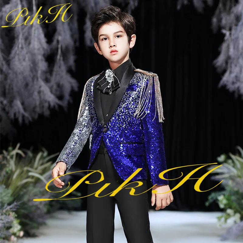 Boys Suit 3 Piece Sequin Jacket Pants Vest Wedding Tuxedo Fashion Kids Child Blazer Set 3 - 16 Years Old