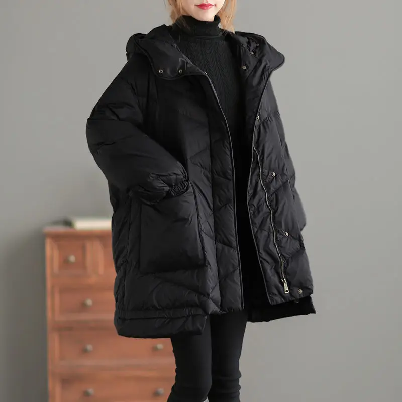 

Medium length down jacket Women's 2022 winter new hooded 90% white duck down loose warm bread jacket High quality black coat