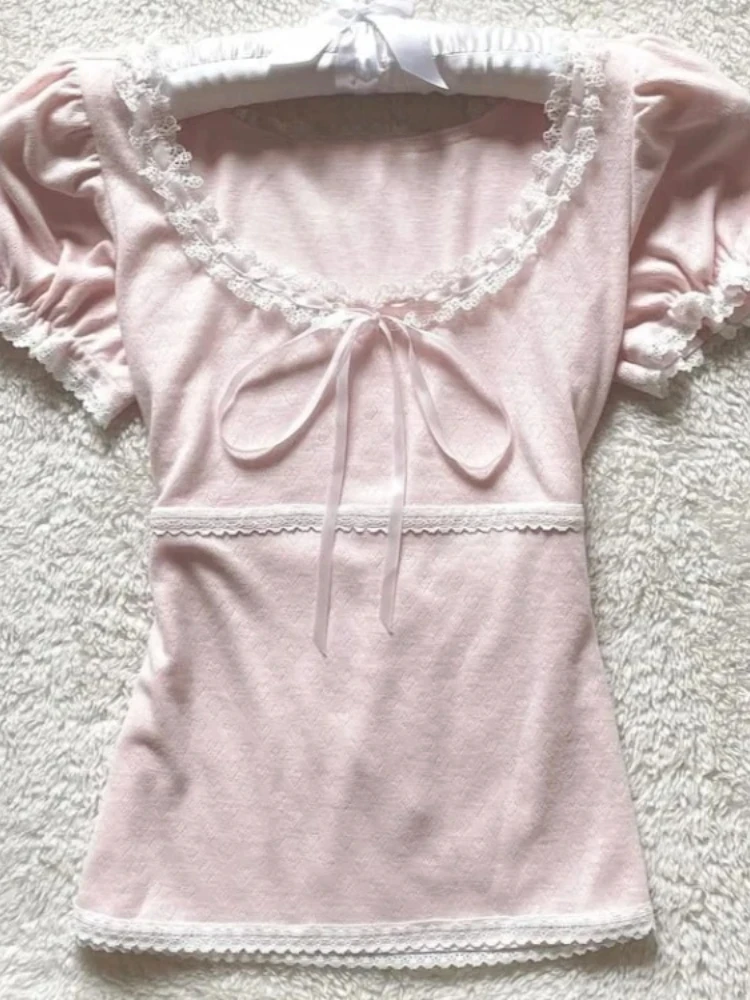 Фото Футболки Ropa Mujer, женская одежда, кружевные футболки с короткими рукавами и круглым вырезом, модная повседневная летняя футболка в Корейском стиле, каваи №1