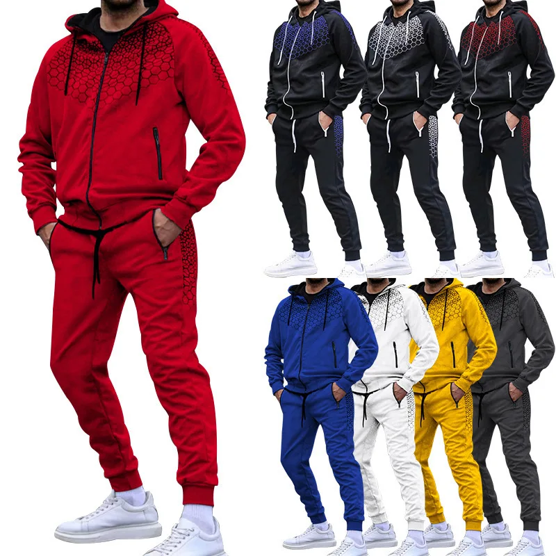 Men's Zipper Hoodie Track Suit Spring/Fall Fashion Joggers Honeycomb Print Casual  Hooded Sweater & Pant Jogging Tracksuits