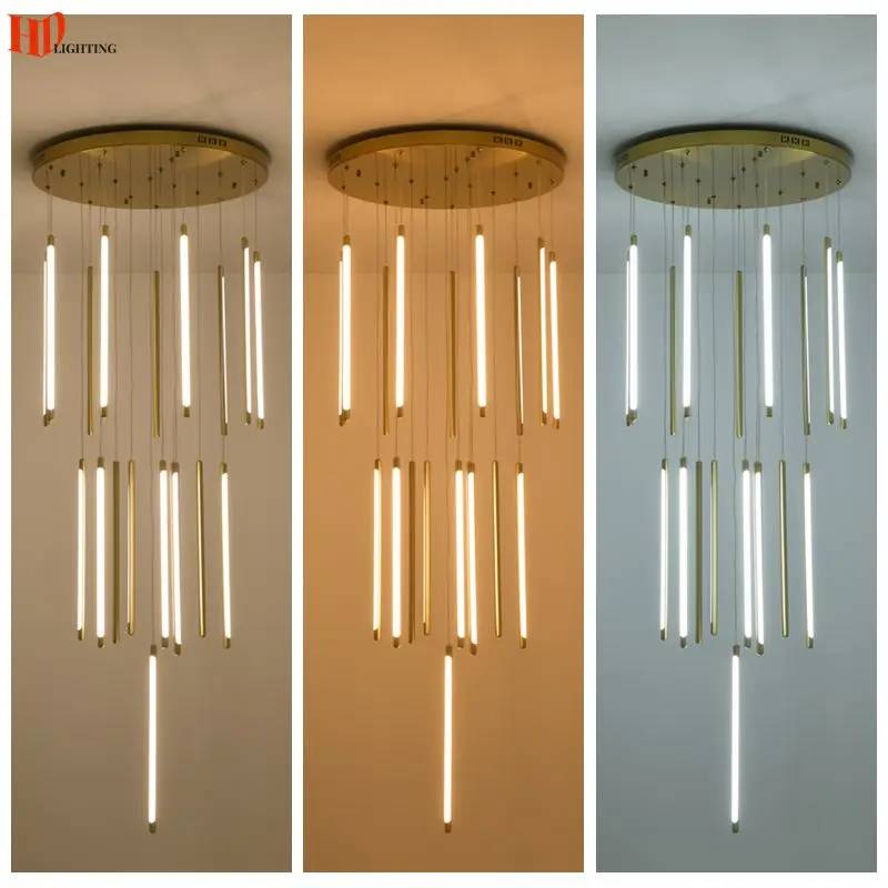 

Modern Copper Staircase Chandeliers LED Strip Long Indoor Lighting Room Decor For Duplex Villa Hotel Rotating Lamp More To Love