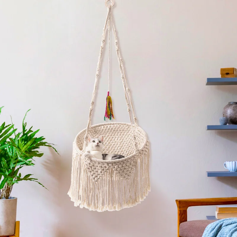 

[Flash Deal]Boho Style Cotton Rope Braided Cat Hammock with 3different Types of Hooks Sturdy&Durable Stable&Saves Space