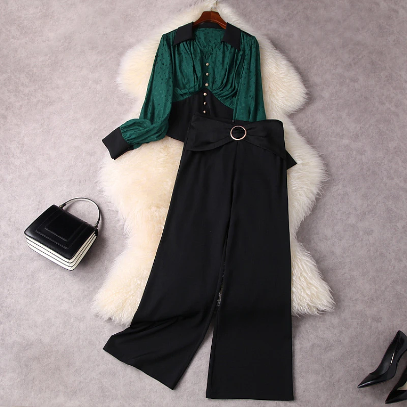 

2022 new Long sleeve green jacquard shirt Wide-legged pants Fashion suits European and American women's wear spring