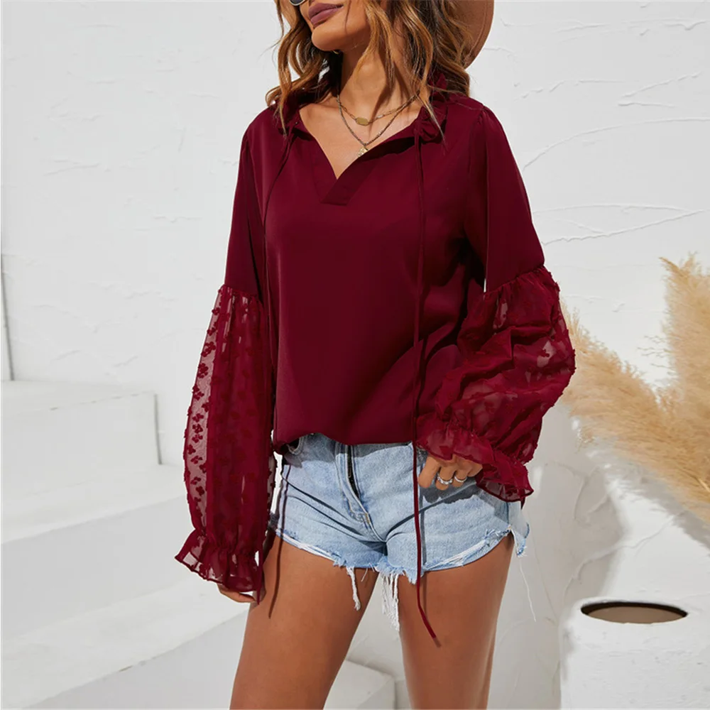 

Women Lantern Sleeve Mesh Patchwork T-shirt Top Autumn New V-neck Lace Up Design Casual Loose Jacquard Elegant Pullover Female
