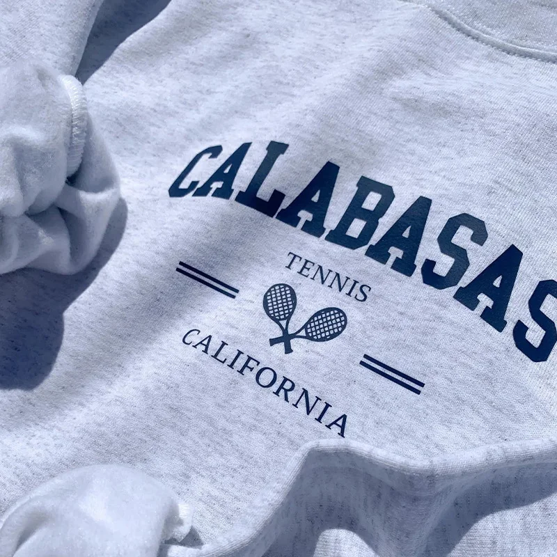 

California Calabasas Tennis Club Letters Printing Sweatshirt Gray Loose Cotton Crewneck Thick Autumn Tops Fleece Warm Pullovers