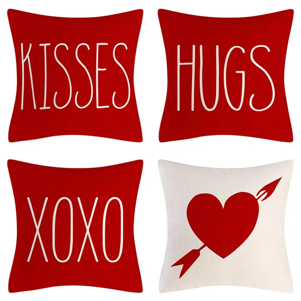 

4pcs Throw Pillowcases Kiss Hugs Heart-shaped Arrows Decorative Anniversary Wedding Cushion Cover 18x18in
