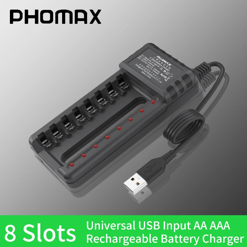 Зарядное устройство для аккумуляторов PHOMAX 1,2 в AA/AAA NiMH/NiCd, 8 слотов, USB-разъем, быстрая зарядка, дисплей, портативное прочное зарядное устройство