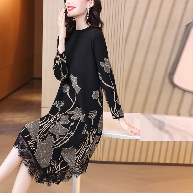 

Женское трикотажное платье-свитер с круглым вырезом и длинным рукавом