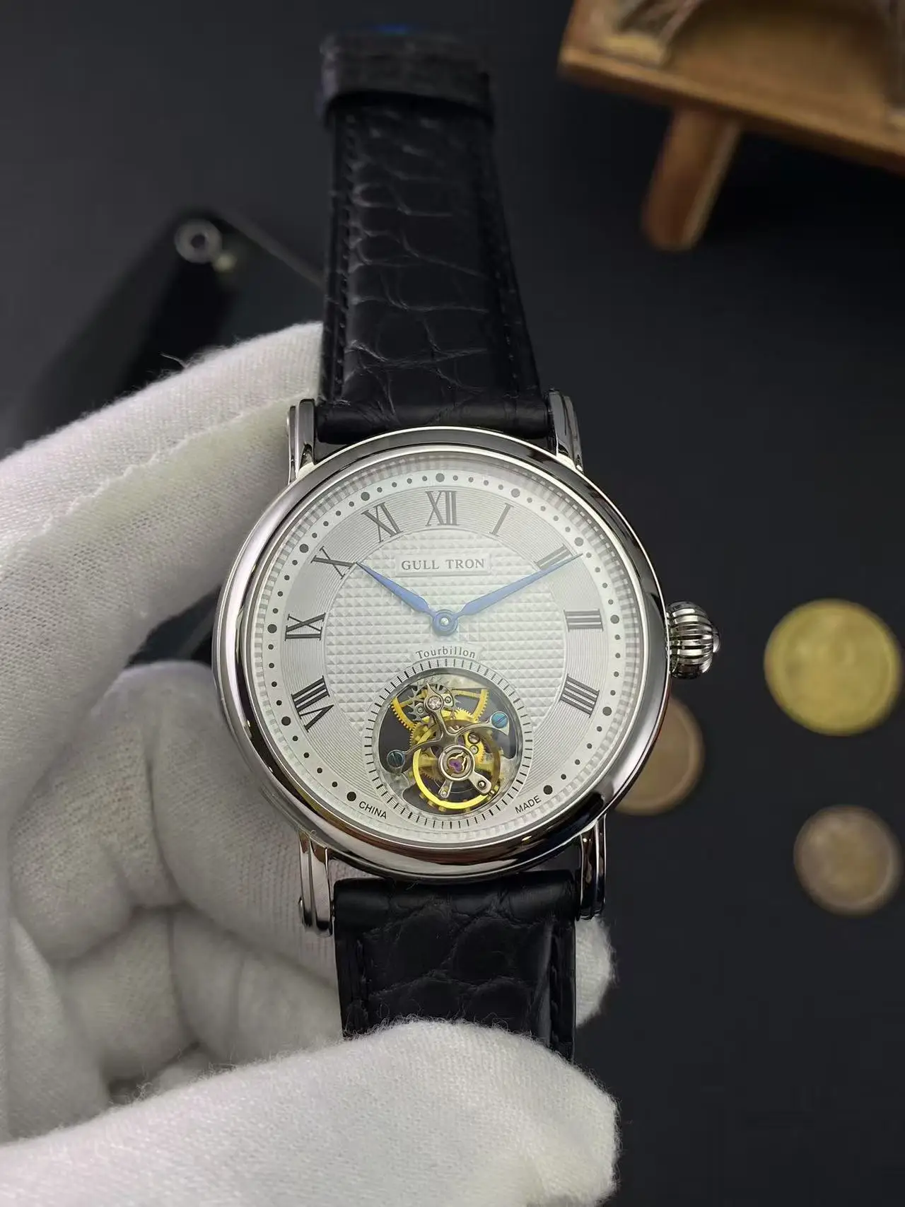Фото Настоящие усовершенствованные мужские часы Seagull Tourbillon ST8000, механизм с ручным управлением, деловые римские часы с текстом, модные ретро №1