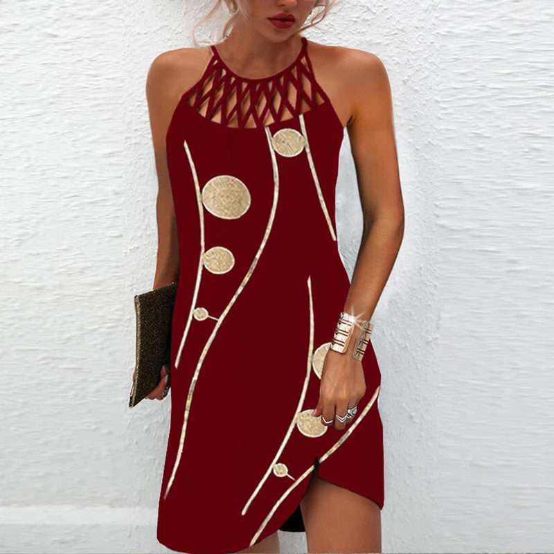 

Sexy Dress Women Beach Mini Dress Fashion Dress Women Summer Sleeveless Hollow Elegant Boho Party Dress Print Vestido 2022