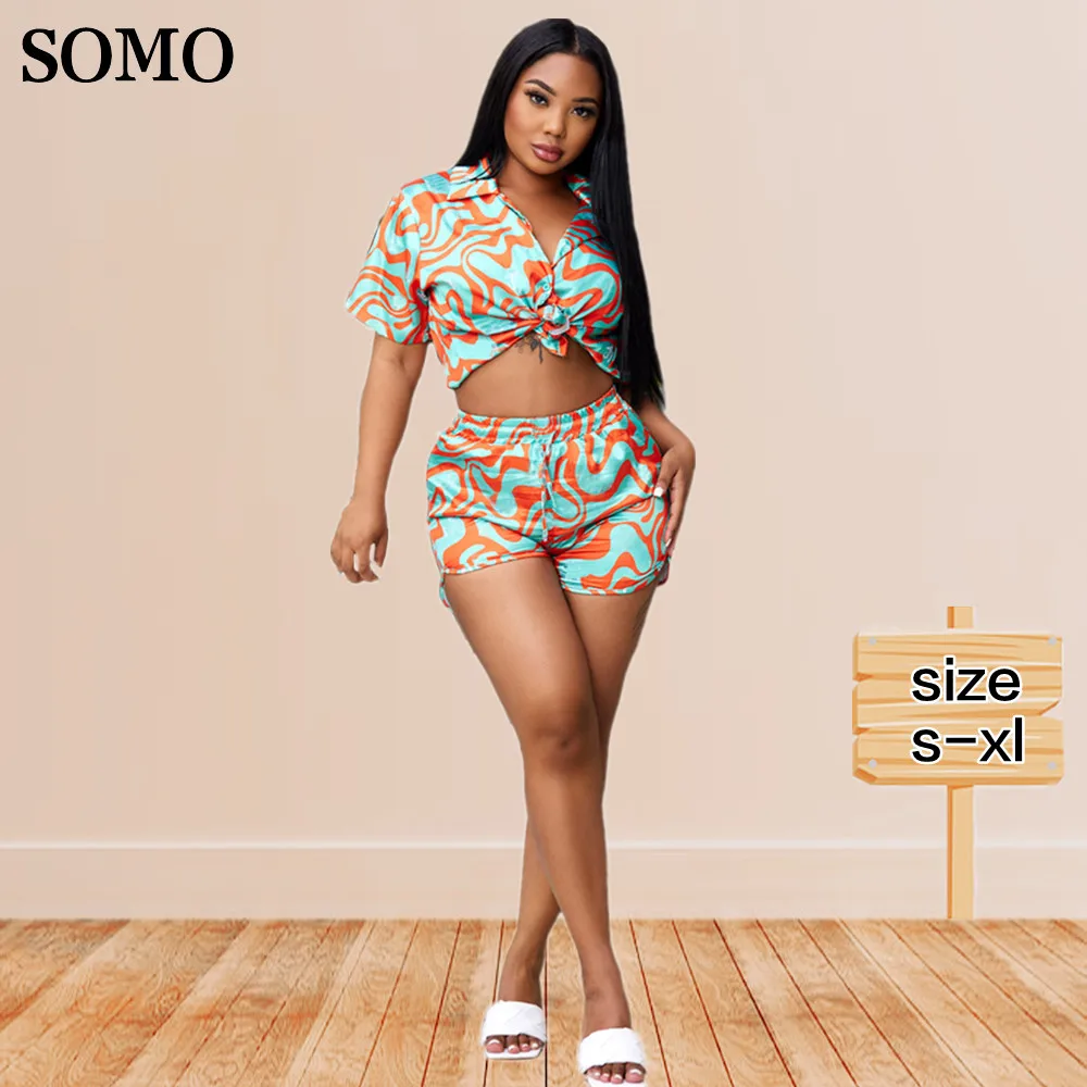 

Beachwear Two Piece Shorts Sets Women Fashion Bohemia Printed Suit Print Lace Up Shirt Matching Outfits Wholesale Dropshipping