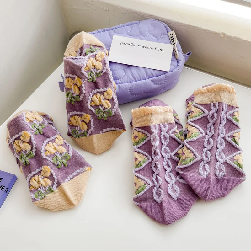 5 Pair Kawaii Frilly Socks Women Long Winter Cotton Socks Fashion Japan Style Purple Lolita Street Accessories Cute Socken Femm