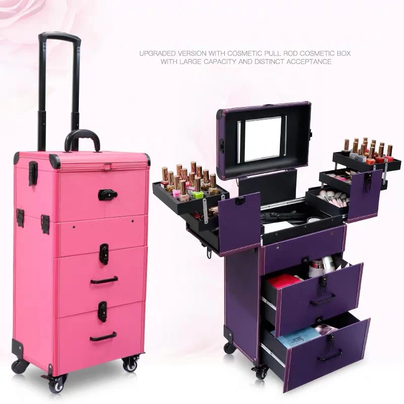 

New Women multi-layer trolley cosmetic baggage makeup rolling luggage trolley suitcase beauty tattoo manicure carry on toolbox