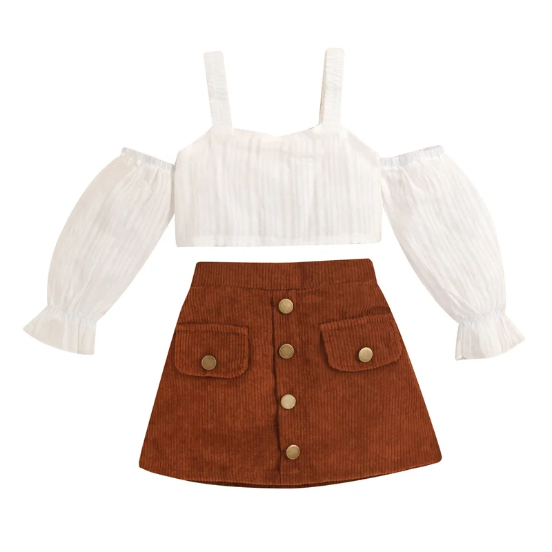 

2Pcs Baby Girls Skirts Set Summer Fall Long Sleeve Off Shoulder Crop Tops + Mini Skirt Casual Party Outfits for Kids 3-8Years