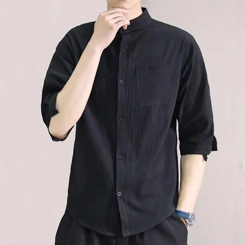 Cotton Linen Hot Sale Men's Short-Sleeved Shirts Summer Solid Color Stand-Up Collar Casual Beach Style  5XL E65