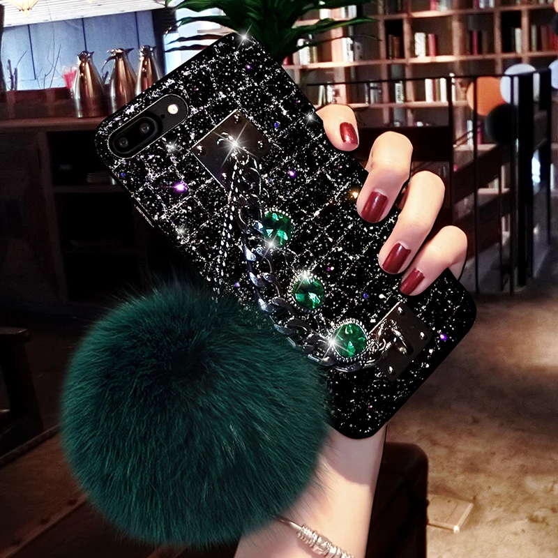 

Luxury Diamond Rhinestone Glitter Bracelet Chain Fox Fur Ball Phone Case For iPhone 11 12 13 14 Pro Max X XR XS 7 8 Plus Cover