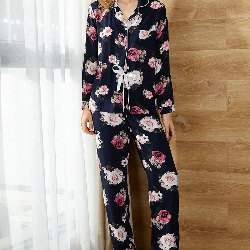1 NEW  100% Viscose  Pajamas For Women 2022 Flower Print Home Clothes 2Pcs Set Sleepwear Female Tops+Pants Nighties Pijama Suit