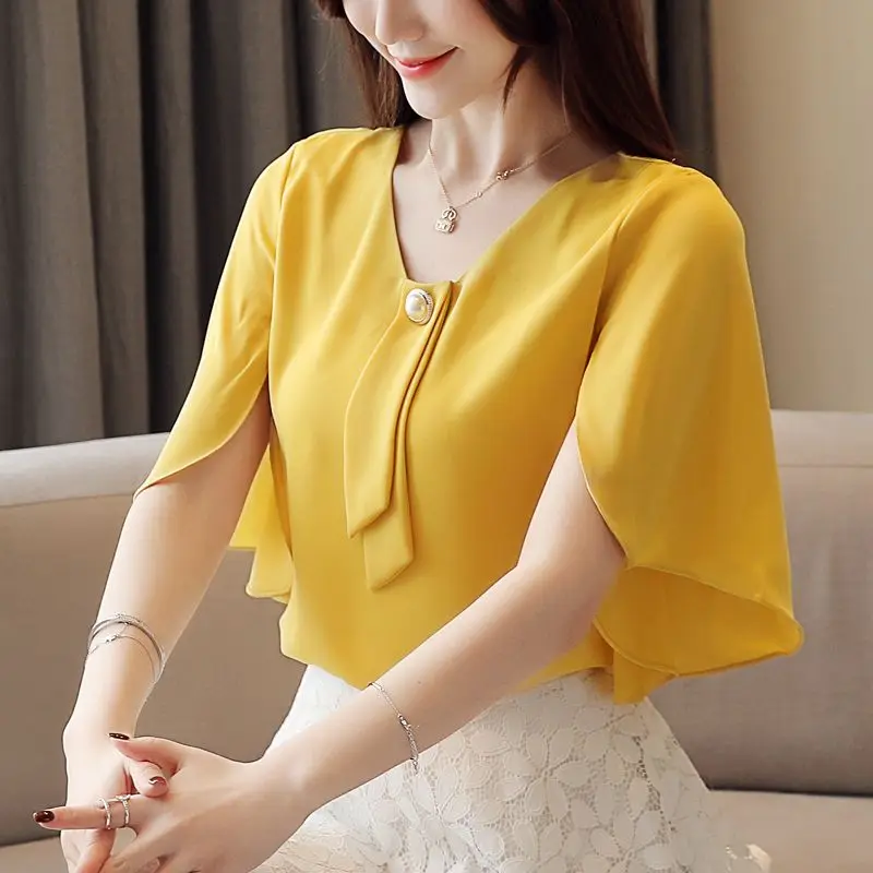 

Casual Shirt Women Chiffon Blouse Female Solid Short Sleeved Ruffle Batwing Sleeve Shirts Blouses Summer Clothing Femme Q520
