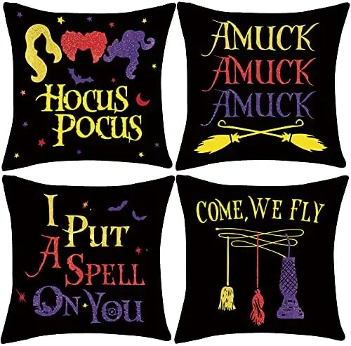 

4pcs Halloween Throw Pillow Covers Hocus Pocus Witches Amuck I Put A Spell on You Party Pillowcases Sanderson Sisters 18x18 Inch