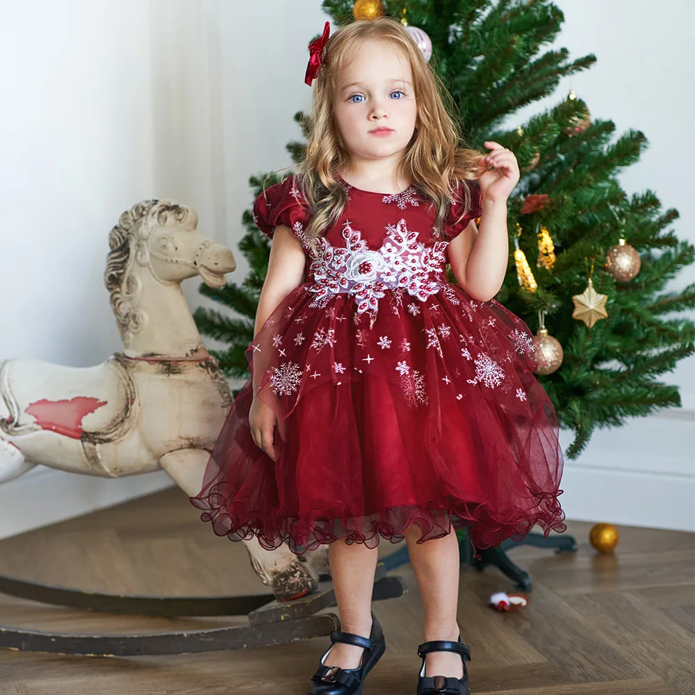 

Christmas Red Flower Toddler Baptism 1st Birthday Dress Baby Girl Kids Princess Lace Party Wedding Clothes Costumes Ceremony