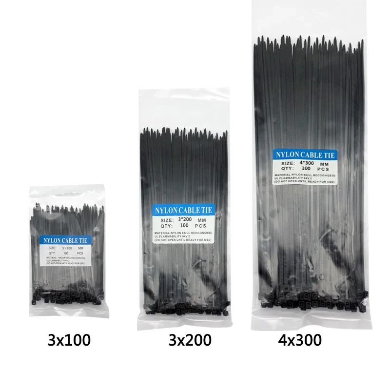 

300 Шт. Трехрежимные Самоблокирующиеся Пластиковые Нейлоновые Кабельные Стяжки Черные С Петлей Для Фиксации Кабеля
