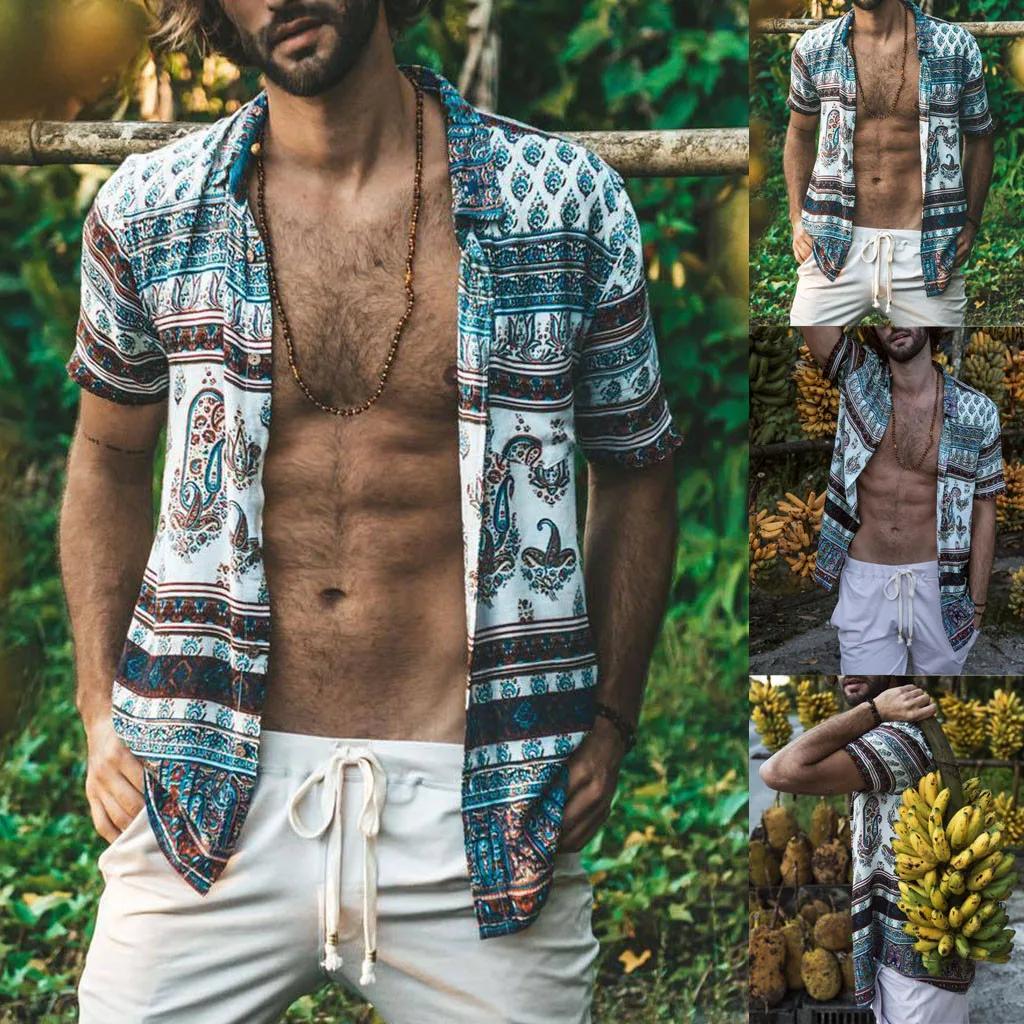 

Mens Multi Color Lump Chest Pocket Short Sleeve Round Hem Loose Shirts Blouse Button Bodysuit