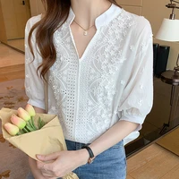 new womens v neck elegant casual shirts solid blouses embroidered white hollow out half sleeve female fashion vintage tops 011e