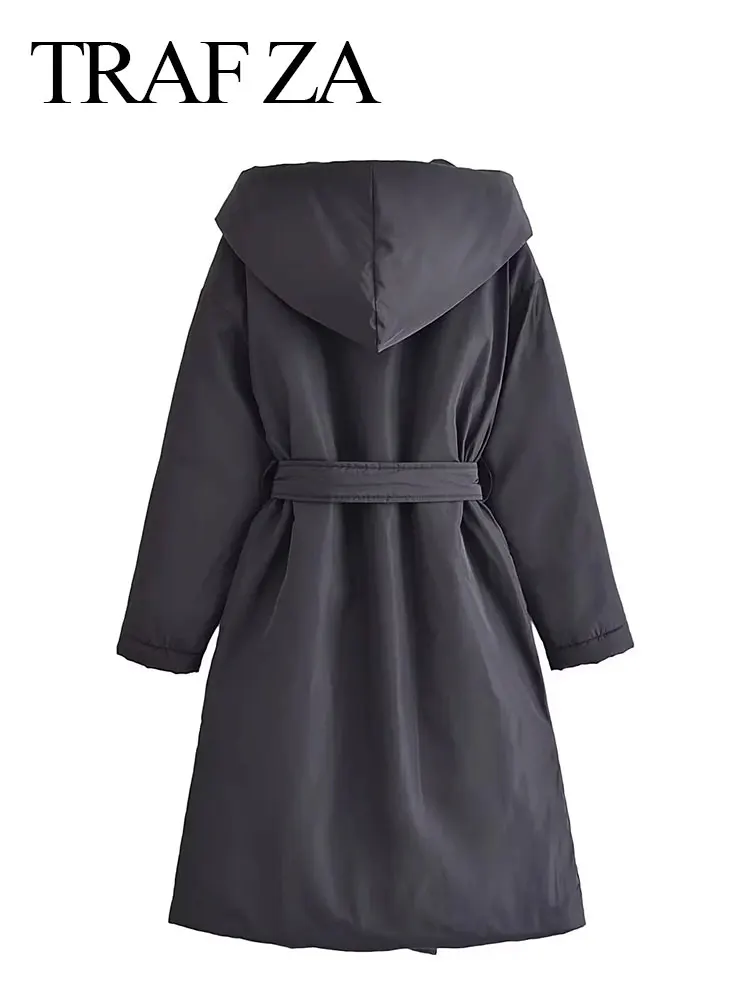 TRAF ZA Winter Women's Hooded Cotton Belt Coats Solid Vintage Warm Thick Loose Long Jacket 2022 Fashion Female Chic Outerwear