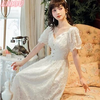 2022 spring summer new puff sleeve square neck vintage french design dress court style fairy white a line dress for female