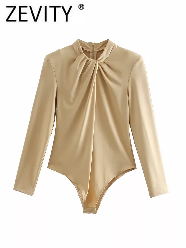 

Zevity New Women Fashion O Neck Knotted Decoration Bodysuits Ladies Shoulder Padded Back Zipper Slim Siamese Chic Rompers LS7321