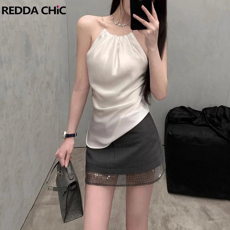 

REDDACHiC Elegant Women Glossy Satin Top Basic Solid Black White Camisole Backless Chain Sling Vest Draped Minimalist Clothes