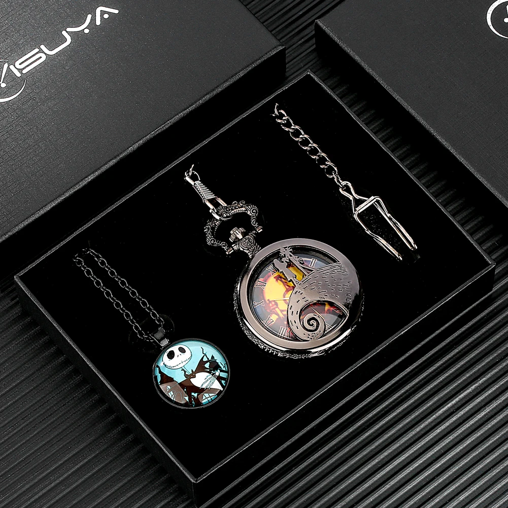 Retro Skull Punk Chain Necklace Quartz Pocket Watch Set Pendant Bronze Jewelry Gift Box Fob Necklace Watches for Men Women Kids