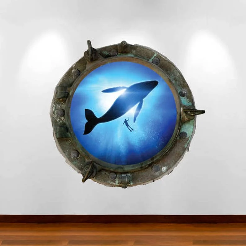 

Whale Porthole Wall Decal, 3D Window Sticker, Kids Room Decor, Removable Peel and Stick Wall Art, Printed Underwater Mural