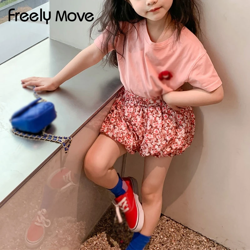 

Freely Move Children's Clothing Girls Short Sleeve Shorts 2Pcs Sets Pink T-shirt Floral Print Short For Kids Summer Costume 2022