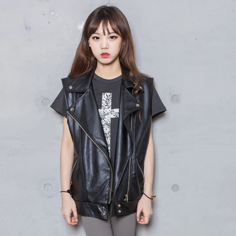 

Women PU Leather Vests Female Style Zippers Turn-down Collar Jackets Ladies Single Button Black Sleeveless Coat Waistcoat G56