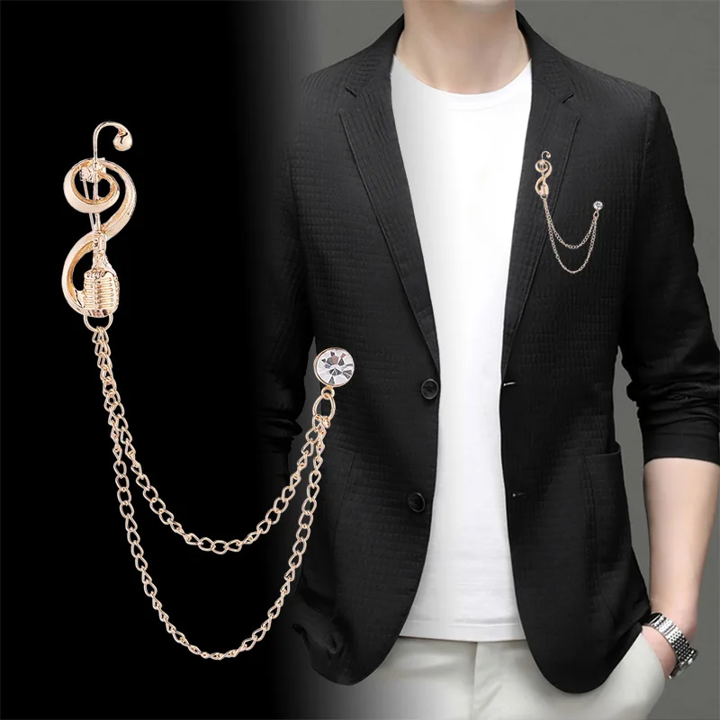 

Vintage Note Rhinestone Brooch for Men Fashion Shirt Collar Tassel Chain Lapel Brooches Pins Jewelry Accessories Boyfriends Gift