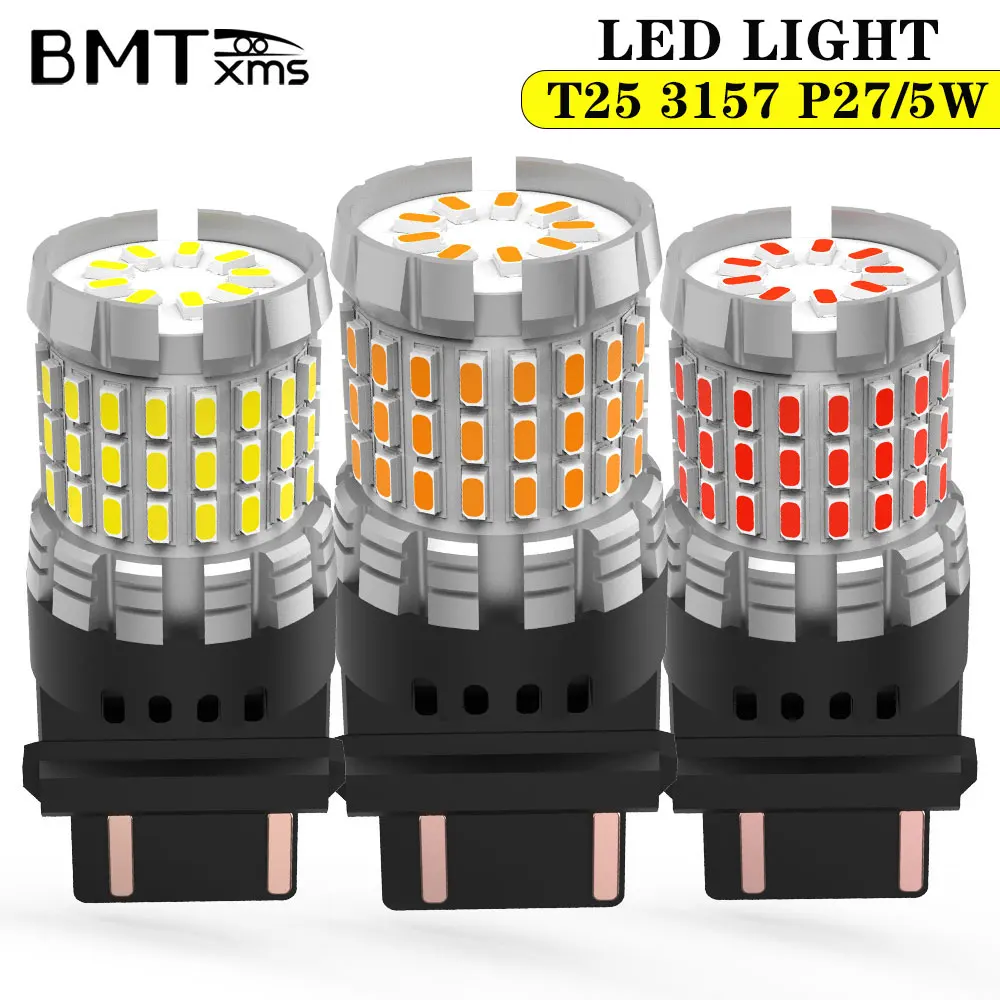 

BMTxms 2Pcs T25 3157 P27W P27/7W LED Light White Red 3030SMD 3156 LED Bulb Lamp for DRL Car Brake Stop Reverse Parking Light 12V