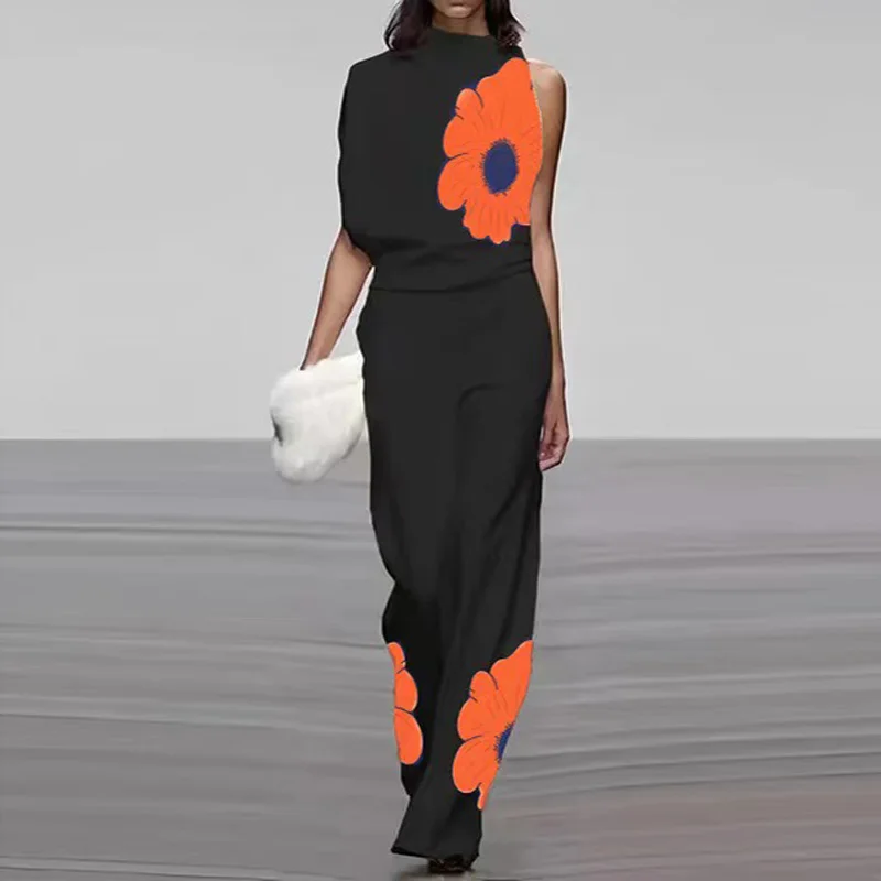 

2023 Women Printed Two Piece Sets Fashion Female O-Neck High Street Outfits Autumn Temperament Sleeveless Top & Long Pants Suits