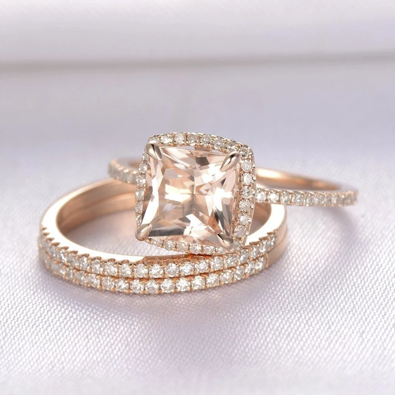 

Hot-selling Jewelry Rose Gold Color Inlaid Champagne Zircon Luxury 3-piece Fashion Ring Engagement Rings for Women Whole Sale