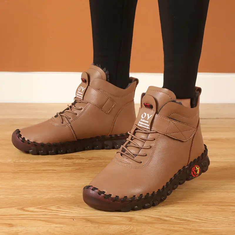 Ботильоны женские кожаные Нескользящие повседневные кроссовки осень-зима 2023 Модные женские термоботинки на шнуровке с молнией