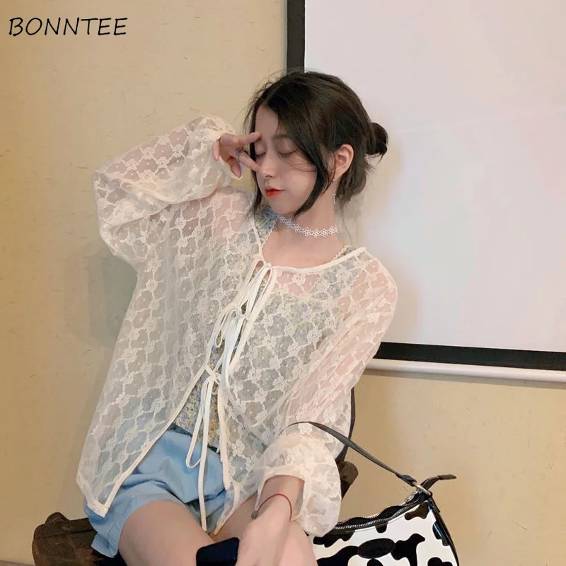

Блузка женская кружевная солнцезащитная, элегантная Милая Дамская блузка на шнуровке в Корейском стиле, универсальная уютная свободная шикарная нежная, Ins, лето