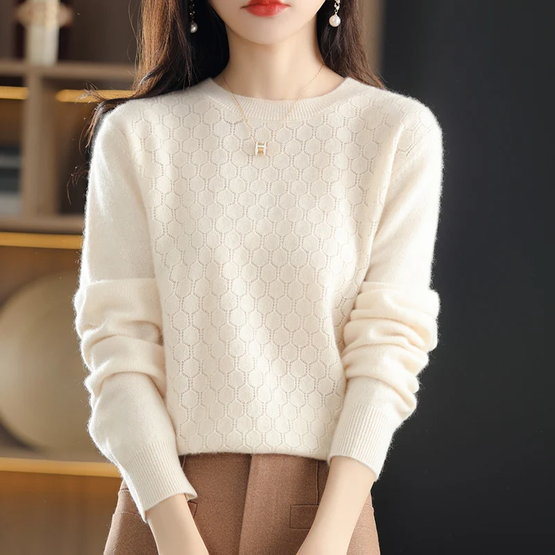 

Sparsil Autumn Pure Cashmere Sweaters Women Round Neck Hollow Out Long Sleeve Woolen Pullover Sweater Shirt Female Knitwear Top