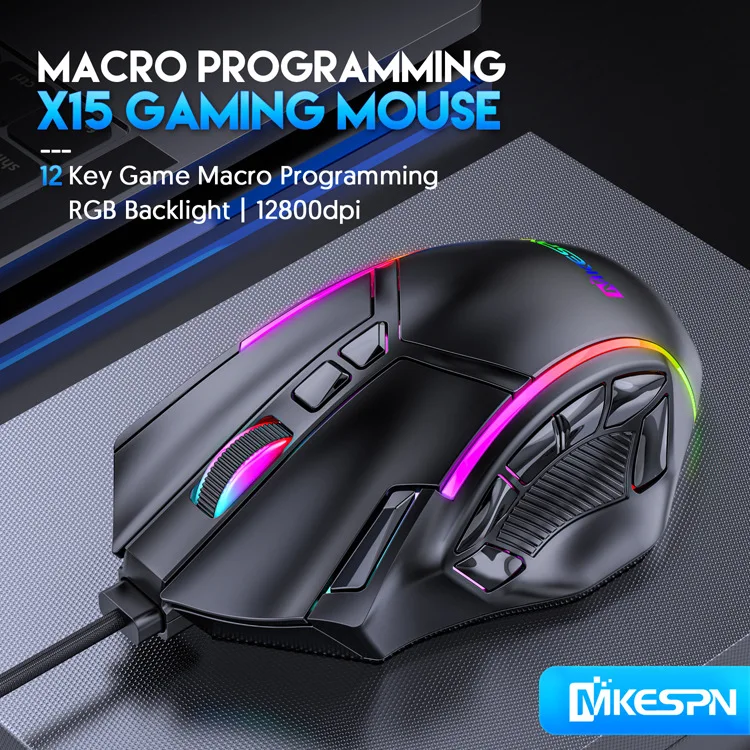 X15 Free Weight Macro Gaming Mouse 12 Programmable Keys Game Mouse RGB Light Max to 6 levels 12800DPI For pc mac gun PUBG Laptop