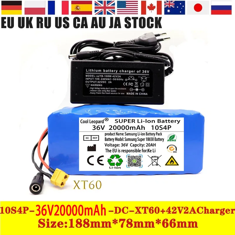 

Cool Leopard 2022 New 36V 20Ah 10S4P XT60 600W 18650 Li-Ion Battery Voor 42V E-fiets Elektrische Fiets Scooter Met Bms + Lader